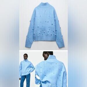 NWOT Zara Beaded Rich Blue Sweater $129 Oversized Sz S Mock Turtleneck Pompons